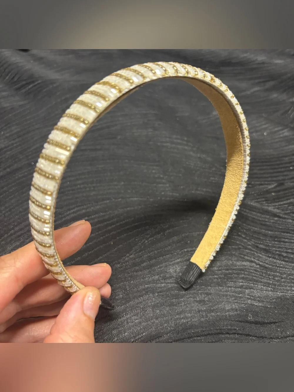 Padded Beaded Headband — Cream/Gold